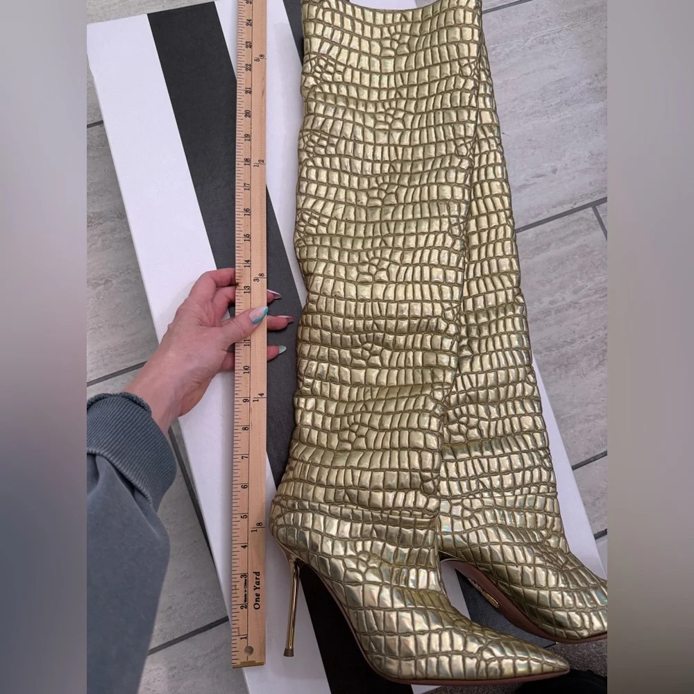Aquazurra Boreal Metallic Gold Croc-Embossed Over-The-Knee Boots - size 37.5 EUC